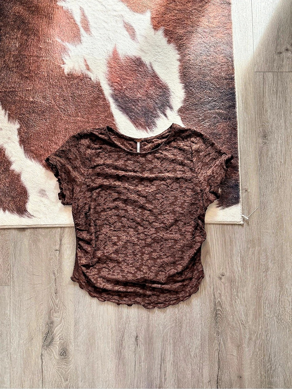 Free People Brown Floral Lace Short Sleeve Top Size M